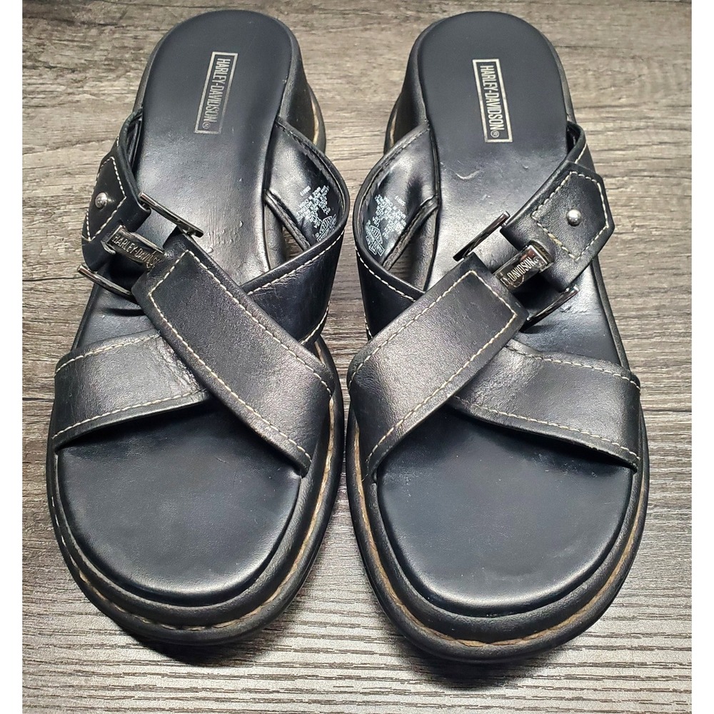 Harley Davidson Women's 9M Leather Sandals Black Slip-On Platform Wedge Heel